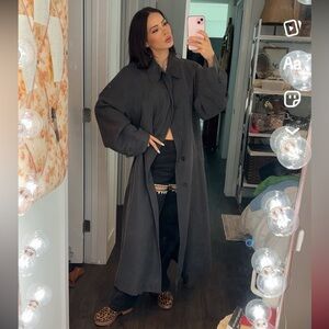 Vntg Sanyo Trench Long Grey Button-Up Coat